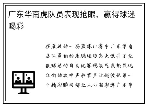 广东华南虎队员表现抢眼，赢得球迷喝彩