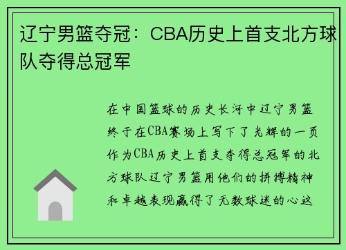 辽宁男篮夺冠：CBA历史上首支北方球队夺得总冠军