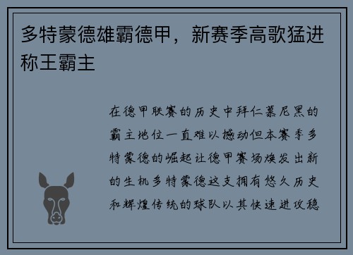 多特蒙德雄霸德甲，新赛季高歌猛进称王霸主