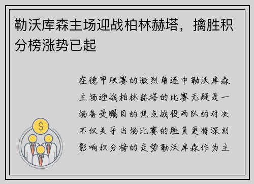 勒沃库森主场迎战柏林赫塔，擒胜积分榜涨势已起