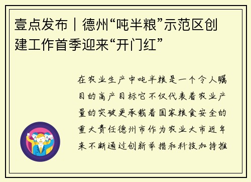 壹点发布｜德州“吨半粮”示范区创建工作首季迎来“开门红”