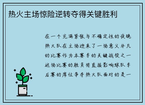 热火主场惊险逆转夺得关键胜利