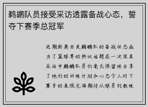 鹈鹕队员接受采访透露备战心态，誓夺下赛季总冠军