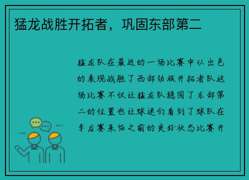 猛龙战胜开拓者，巩固东部第二