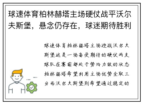球速体育柏林赫塔主场硬仗战平沃尔夫斯堡，悬念仍存在，球迷期待胜利 - 副本