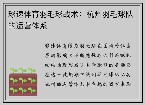 球速体育羽毛球战术：杭州羽毛球队的运营体系