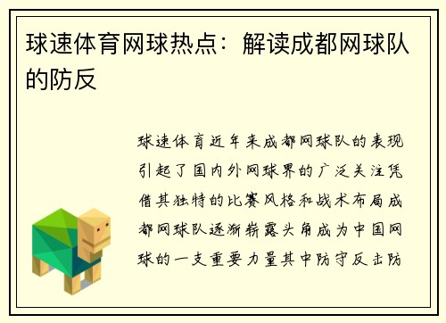 球速体育网球热点：解读成都网球队的防反