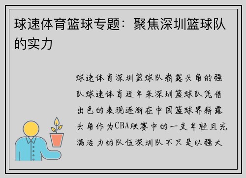 球速体育篮球专题：聚焦深圳篮球队的实力