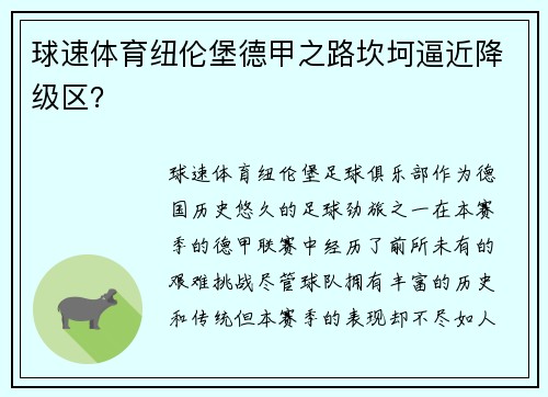 球速体育纽伦堡德甲之路坎坷逼近降级区？