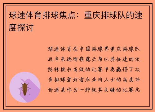 球速体育排球焦点：重庆排球队的速度探讨