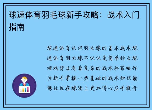球速体育羽毛球新手攻略：战术入门指南