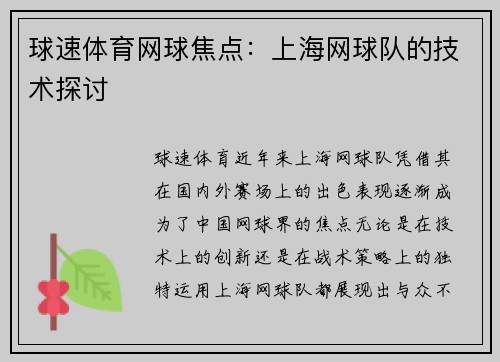 球速体育网球焦点：上海网球队的技术探讨